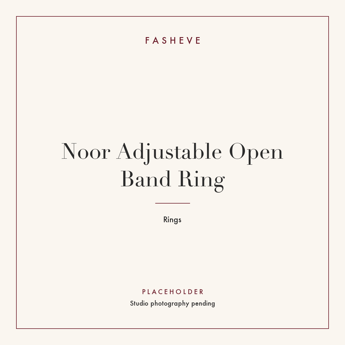 Branded placeholder plate for Noor Adjustable Open Band Ring — studio photography pending